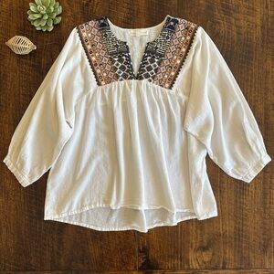 Lovestitch | 100% Cotton Embroidered Gauzy Blouse w/Split Neckline, Size S/M
